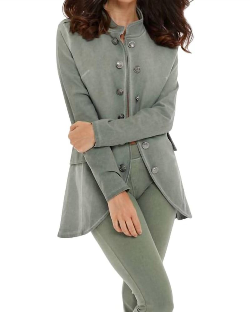 Front of a model wearing a size XL Amina Long Button Jacket in Olive in Olive by french kyss. | dia_product_style_image_id:325780